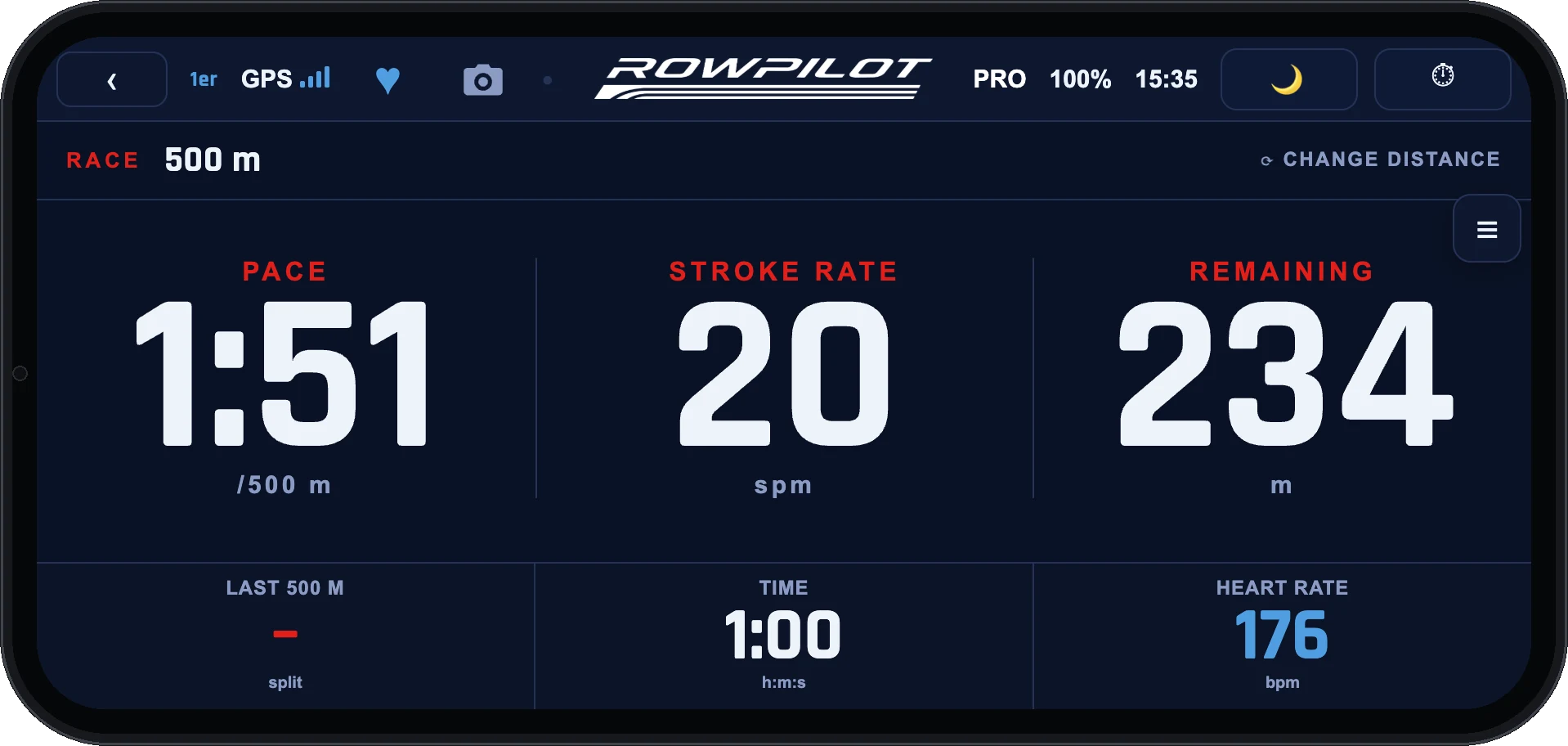 Display RACE during a 500 m race: pace, stroke rate and metres remaining