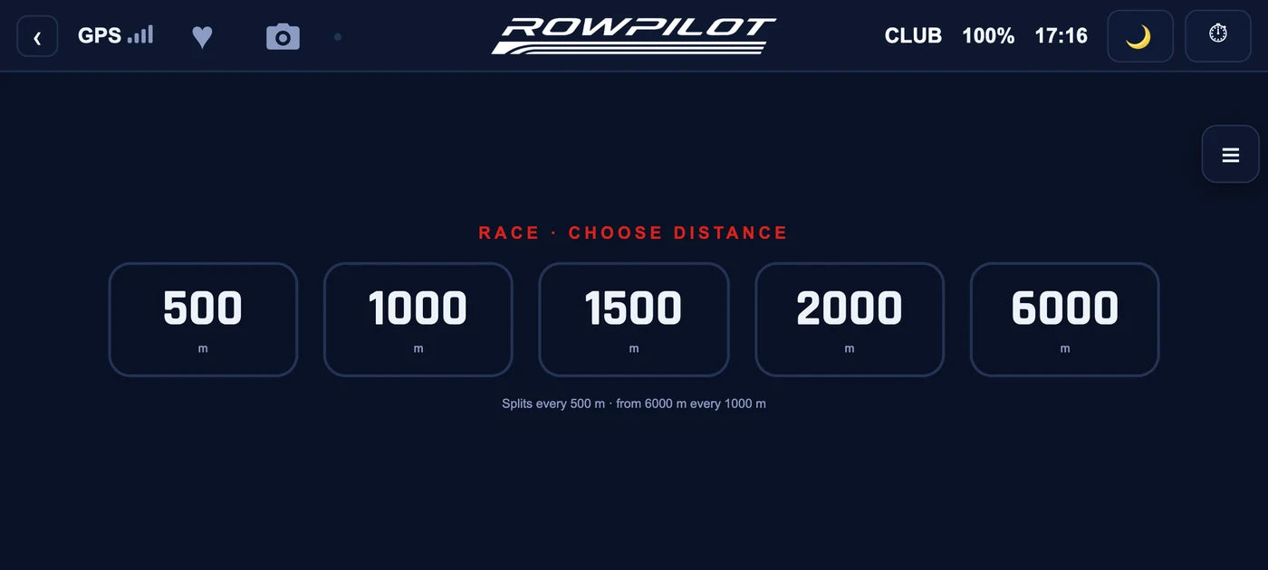 Die Anzeige RACE: die Distanzen 500 bis 6000 Meter zur Auswahl