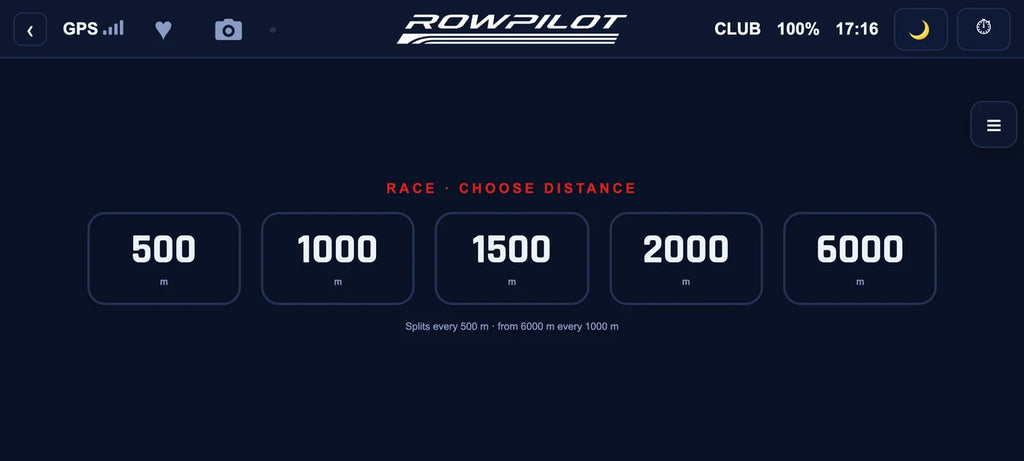 Die Anzeige RACE: die Distanzen 500 bis 6000 Meter zur Auswahl