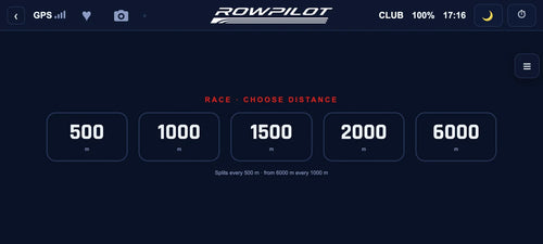 Die Anzeige RACE: die Distanzen 500 bis 6000 Meter zur Auswahl