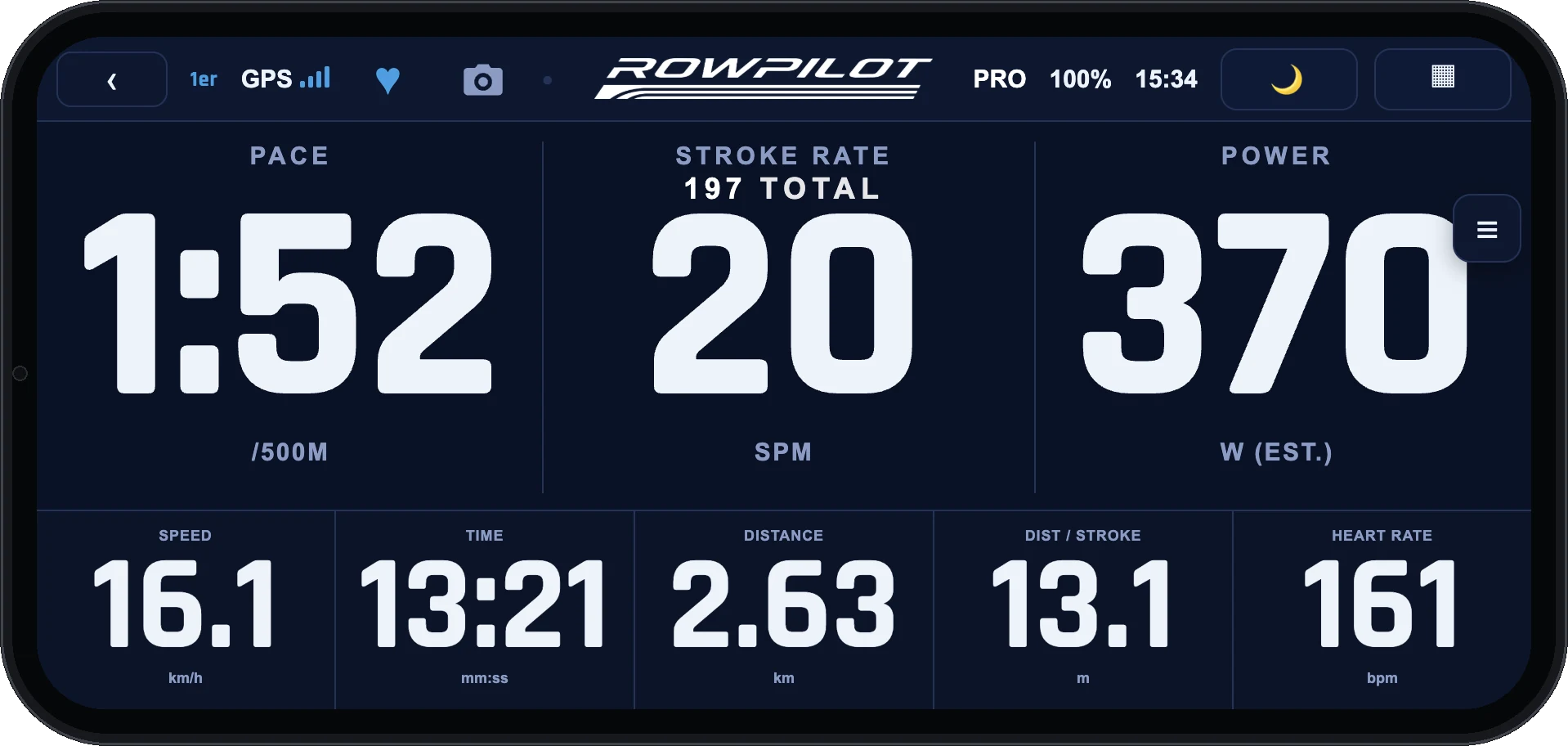 ROWPILOT display DIGITAL during a recorded outing in a single scull: pace 1:52 per 500 m, stroke rate 20, estimated power 370 W